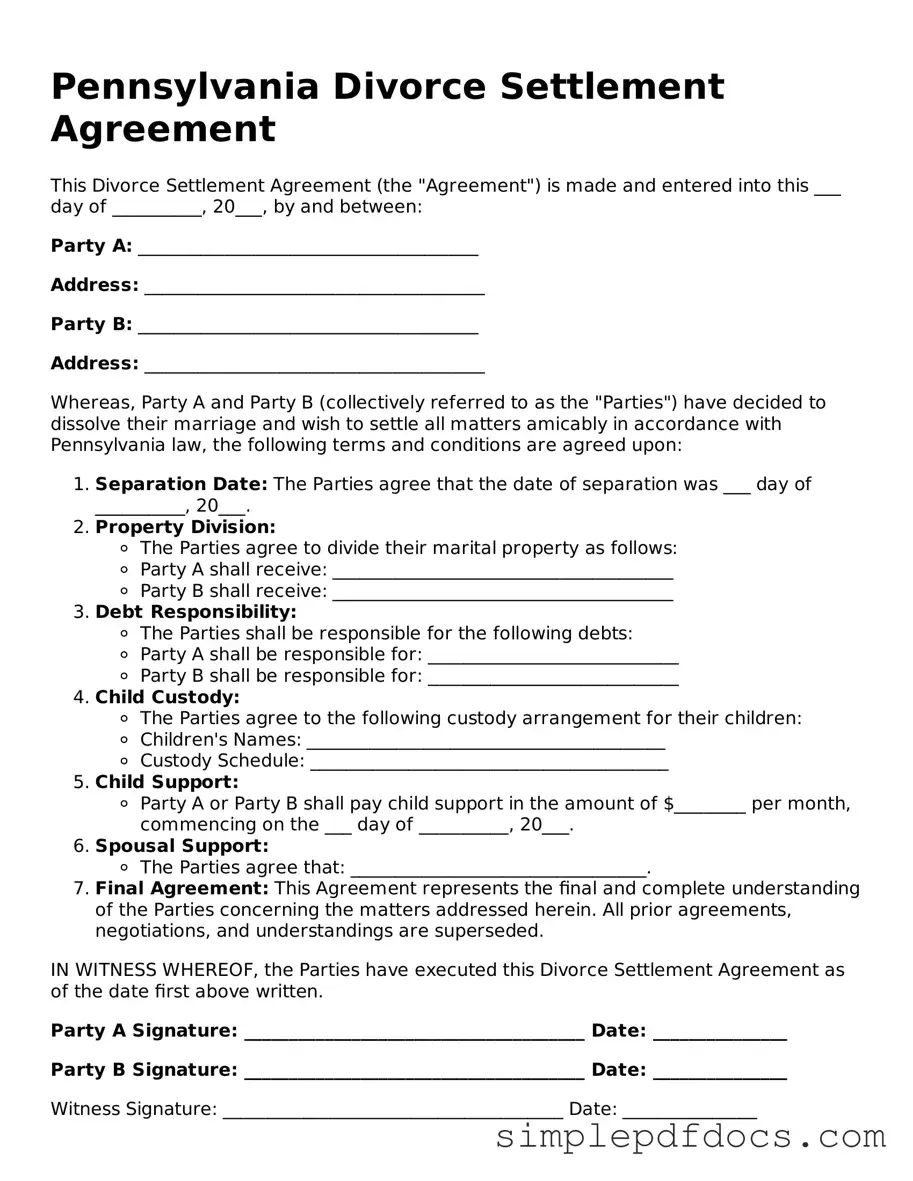 Legal Divorce Settlement Agreement Document for the State of Pennsylvania