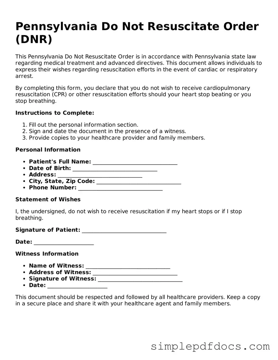 Legal Do Not Resuscitate Order Document for the State of Pennsylvania