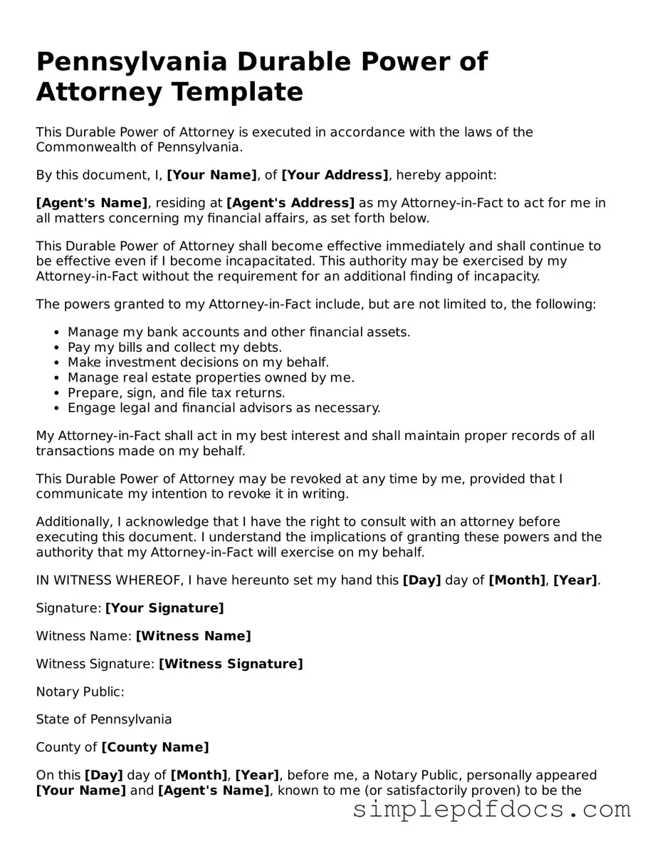 Legal Durable Power of Attorney Document for the State of Pennsylvania