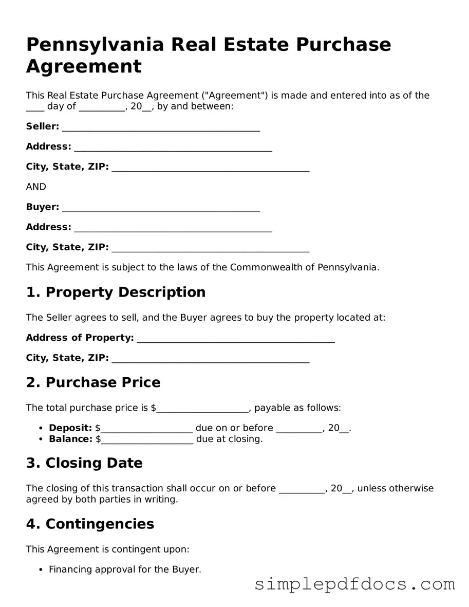 Legal Real Estate Purchase Agreement Document for the State of Pennsylvania