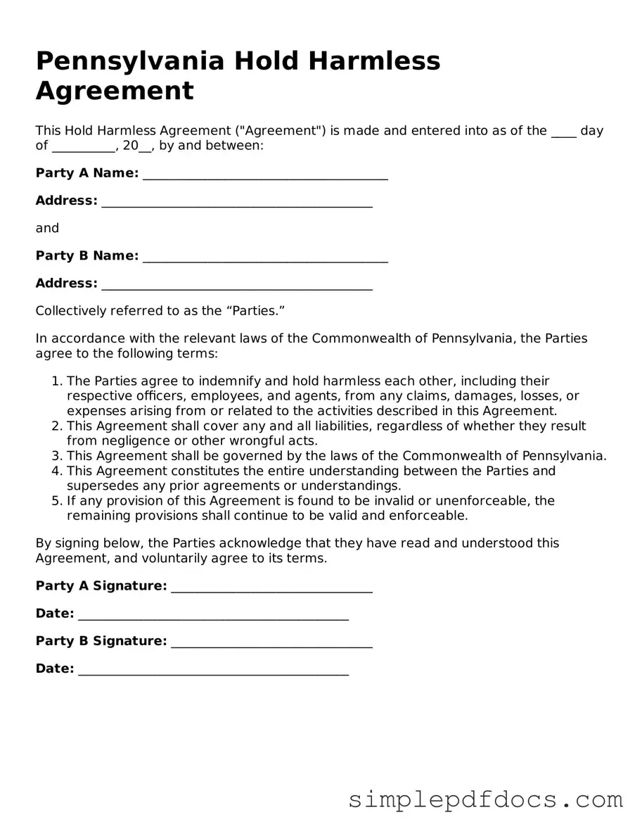 Legal Hold Harmless Agreement Document for the State of Pennsylvania