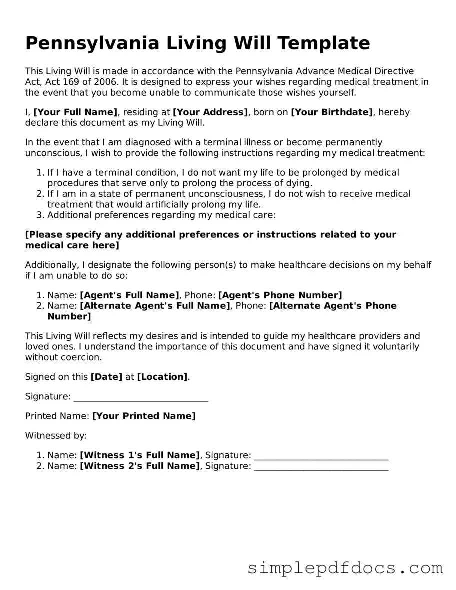 Legal Living Will Document for the State of Pennsylvania