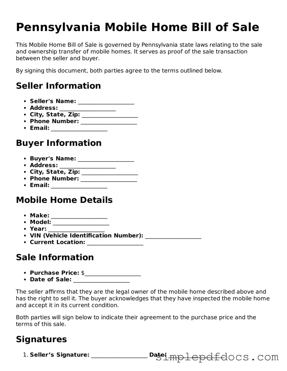 Legal Mobile Home Bill of Sale Document for the State of Pennsylvania