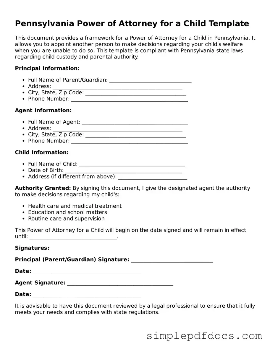 Legal Power of Attorney for a Child Document for the State of Pennsylvania