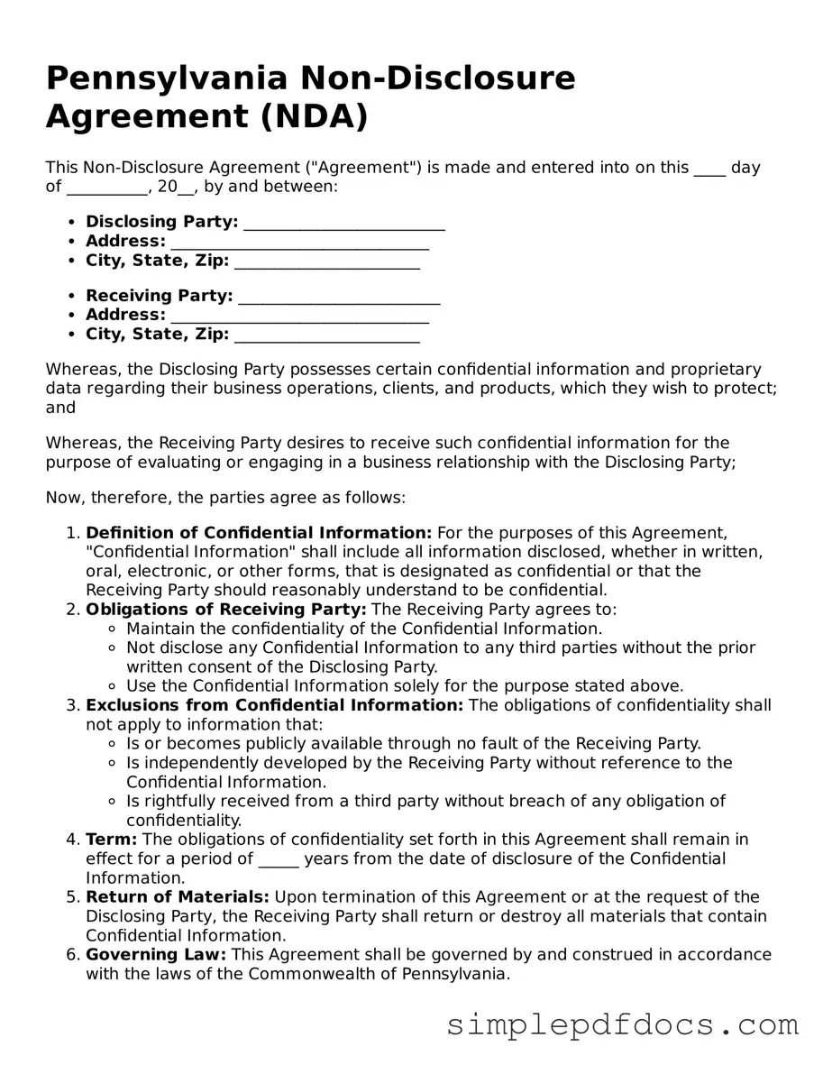 Legal Non-disclosure Agreement Document for the State of Pennsylvania