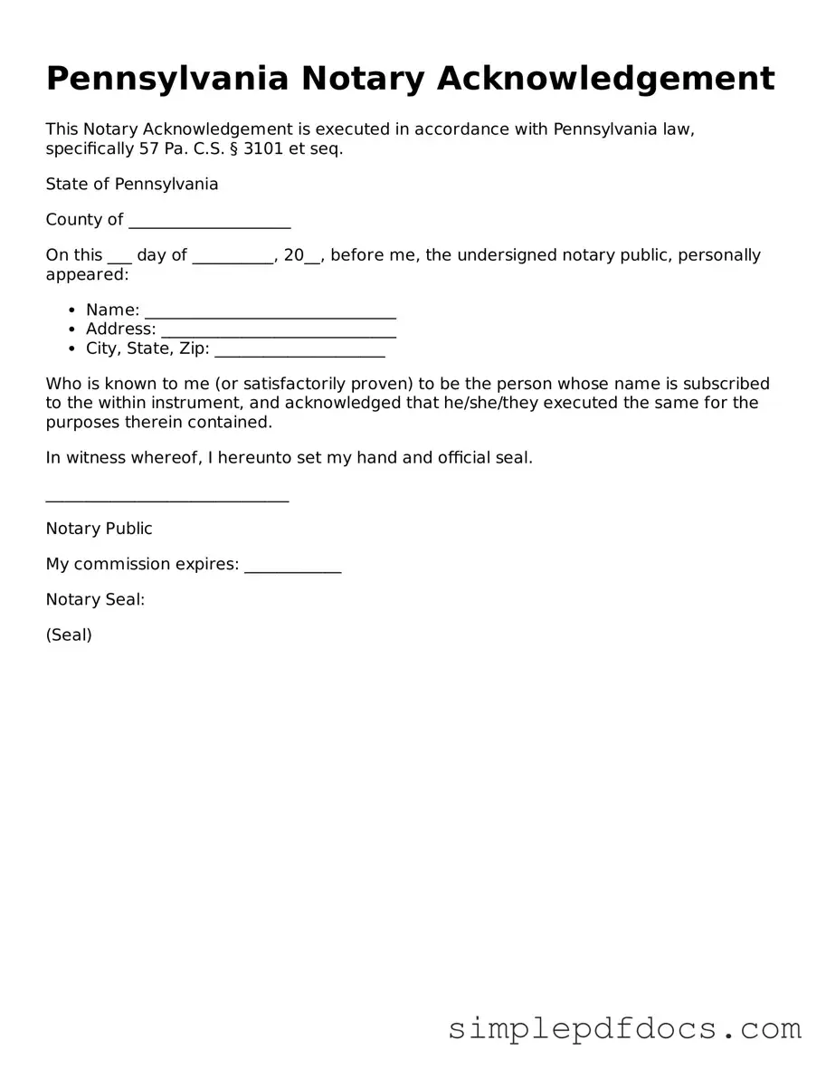 Legal Notary Acknowledgement Document for the State of Pennsylvania