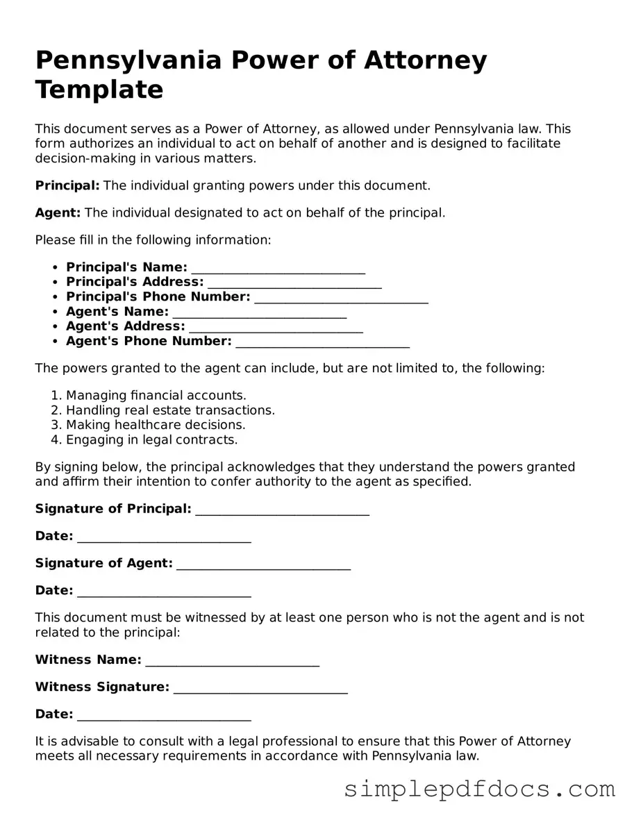 Legal Power of Attorney Document for the State of Pennsylvania