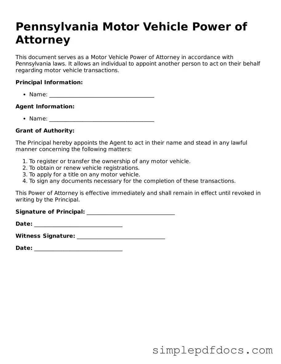Legal Motor Vehicle Power of Attorney Document for the State of Pennsylvania
