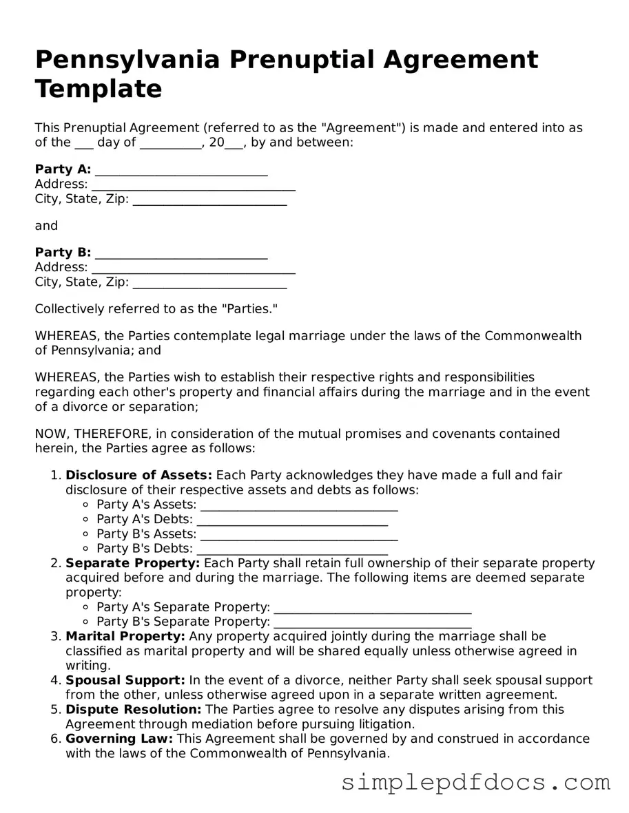 Legal Prenuptial Agreement Document for the State of Pennsylvania