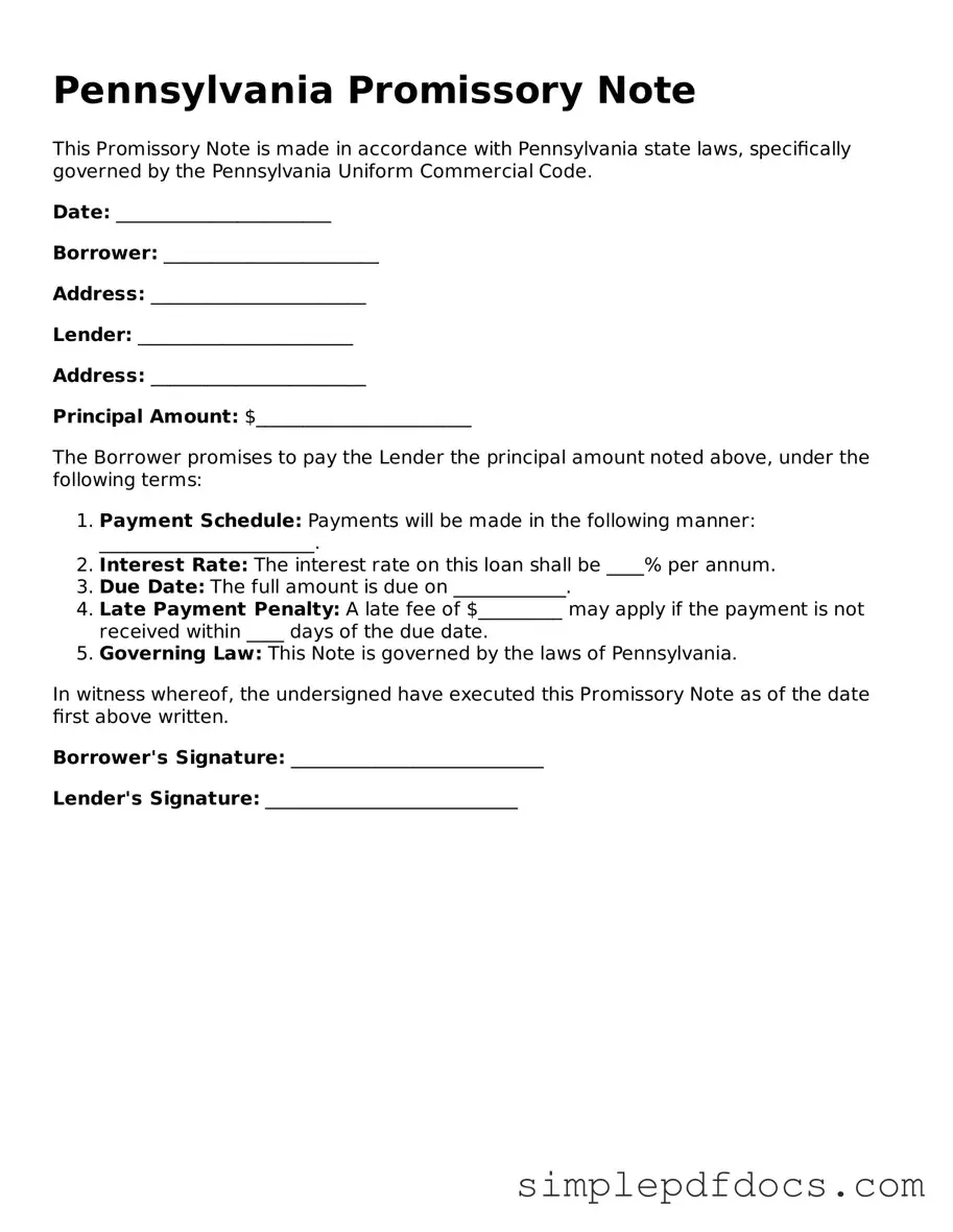 Legal Promissory Note Document for the State of Pennsylvania