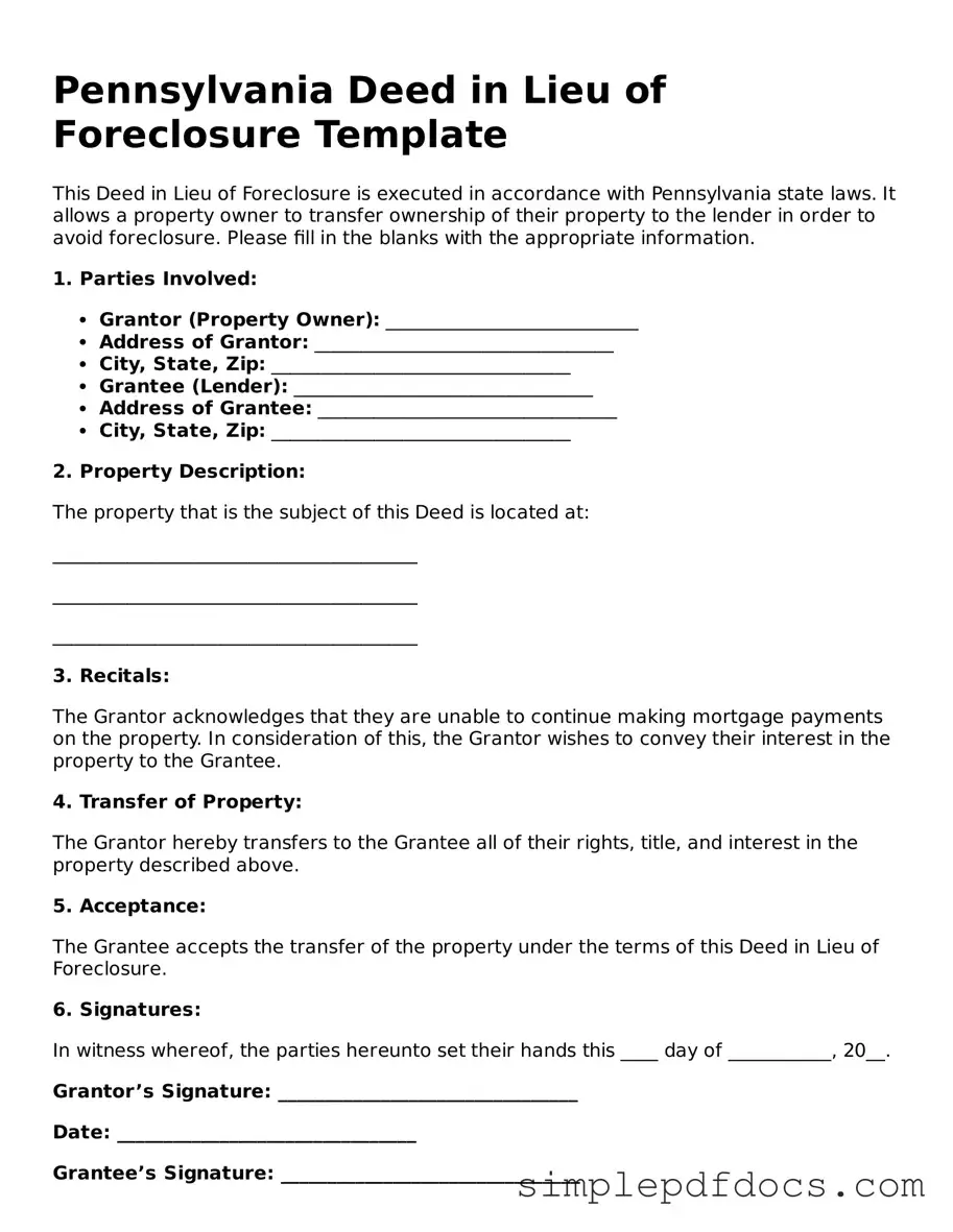 Legal Deed in Lieu of Foreclosure Document for the State of Pennsylvania