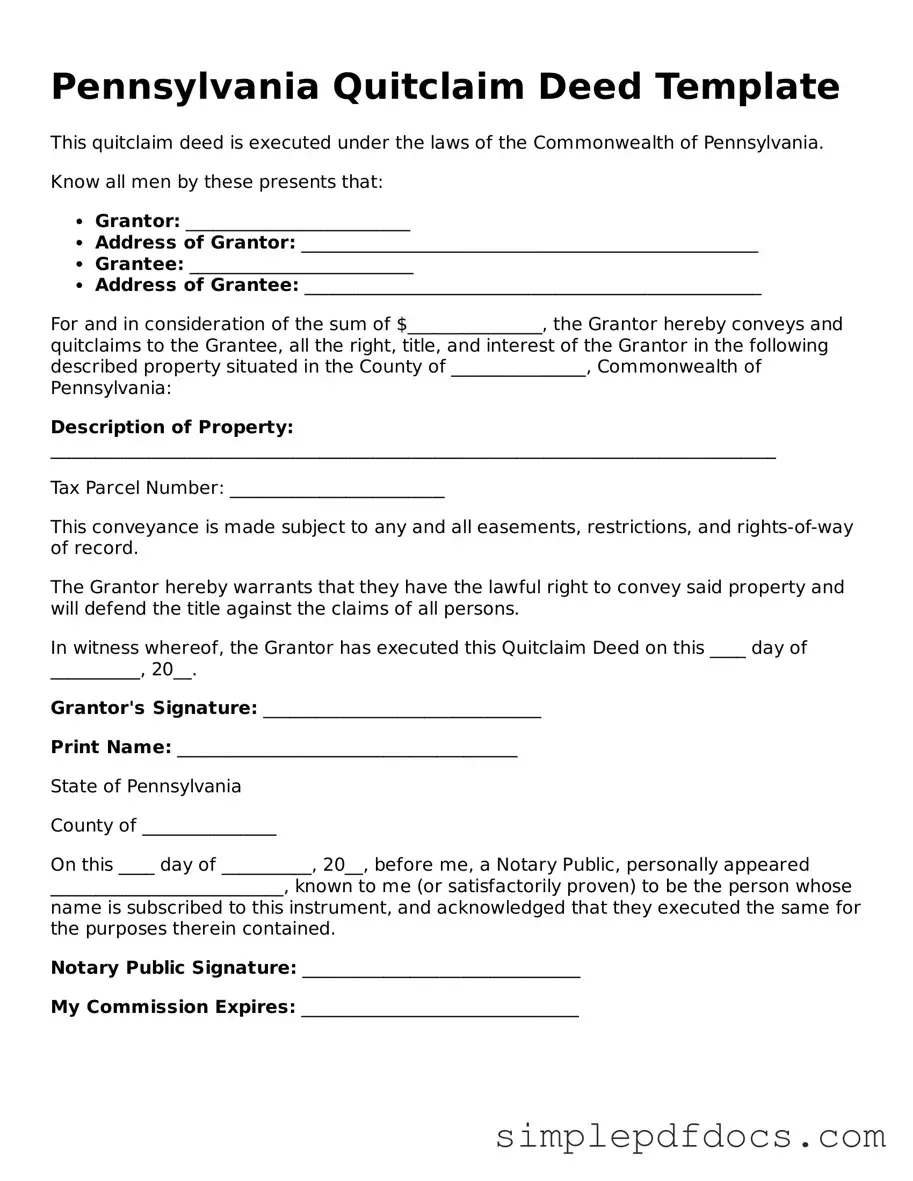 Legal Quitclaim Deed Document for the State of Pennsylvania