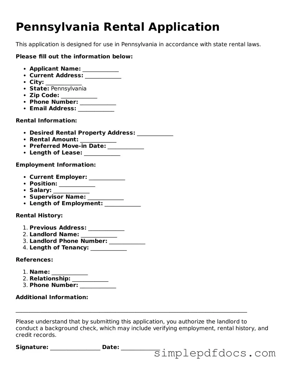 Legal Rental Application Document for the State of Pennsylvania