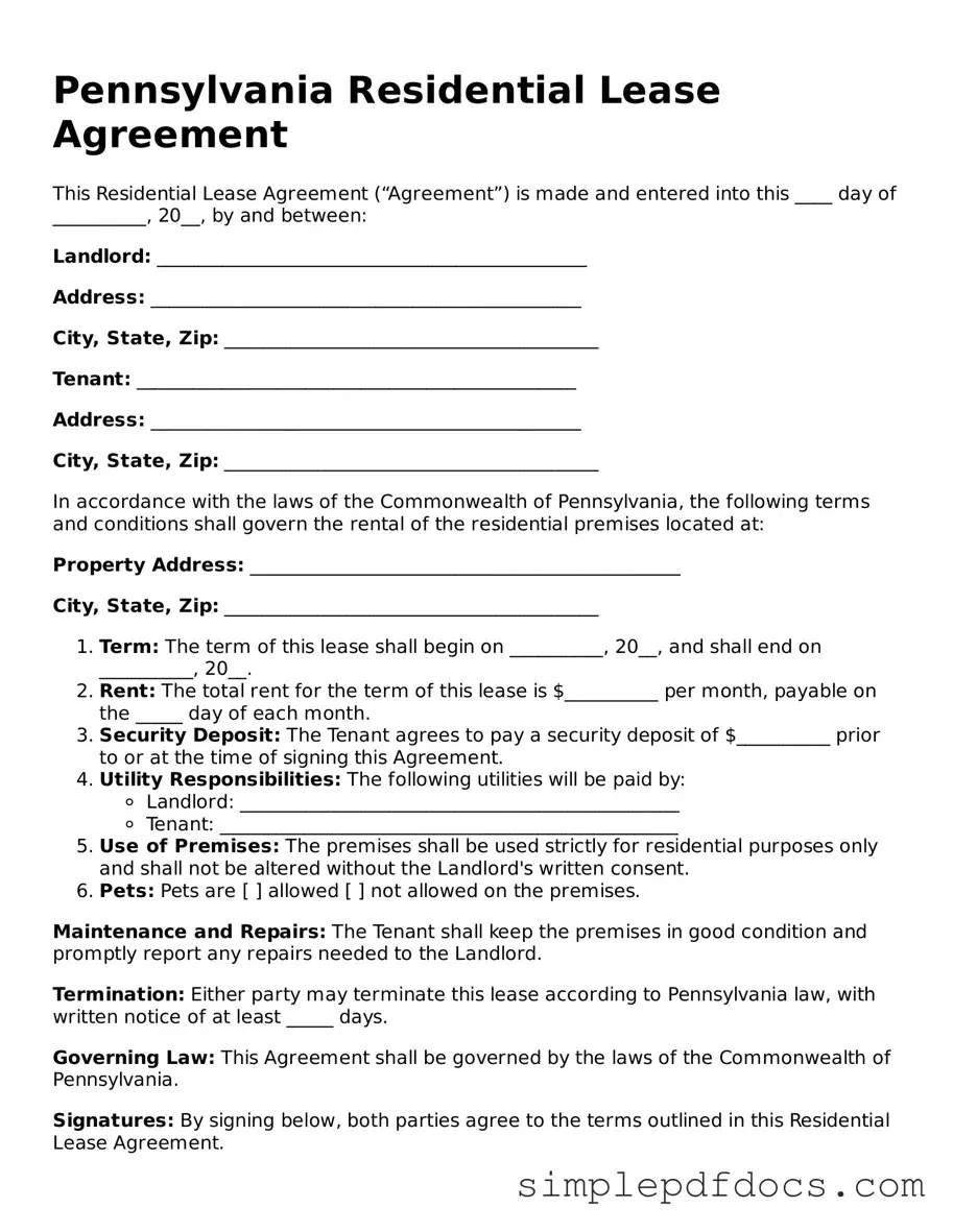 Legal Residential Lease Agreement Document for the State of Pennsylvania