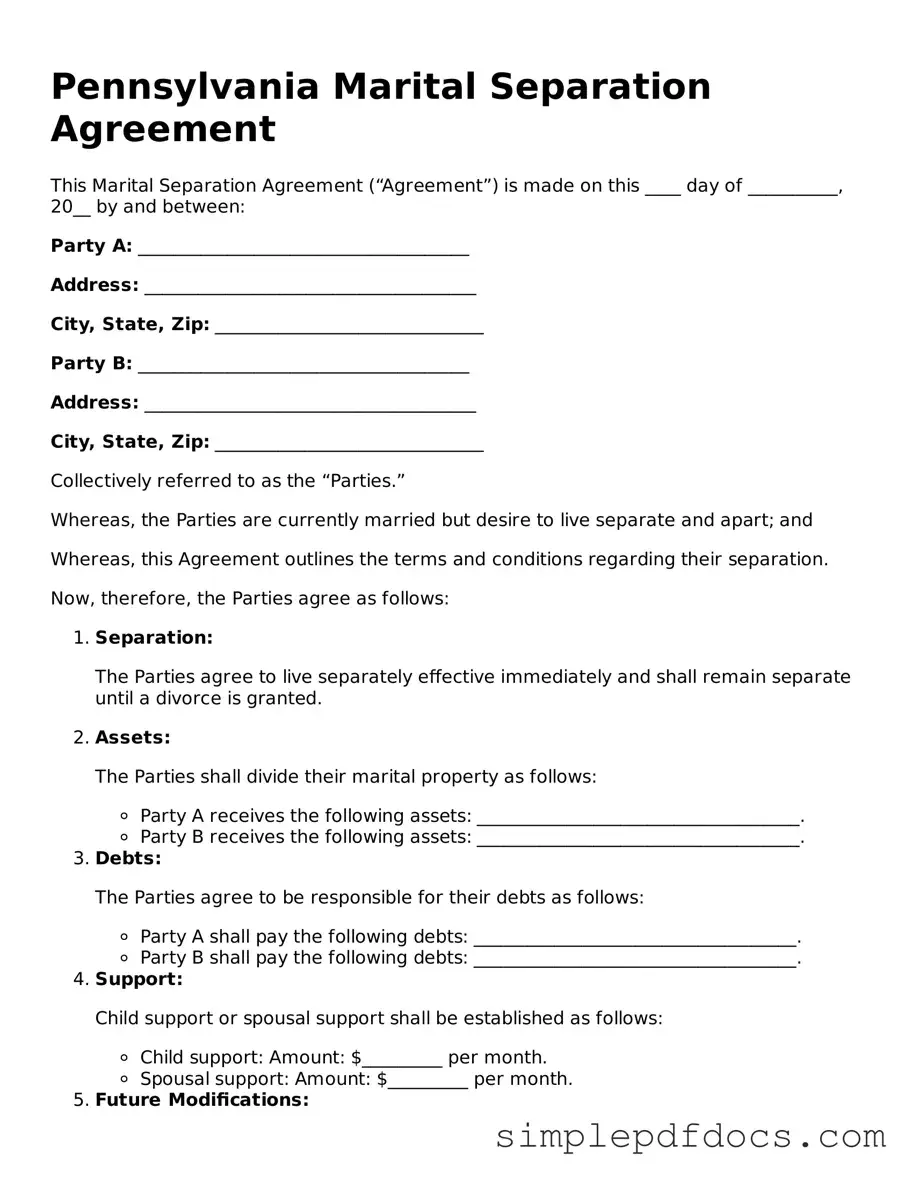 Legal Marital Separation Agreement Document for the State of Pennsylvania