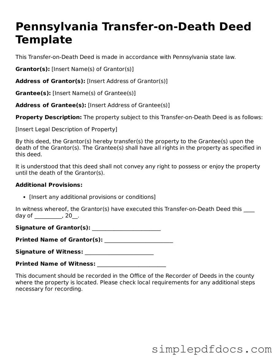 Legal Transfer-on-Death Deed Document for the State of Pennsylvania