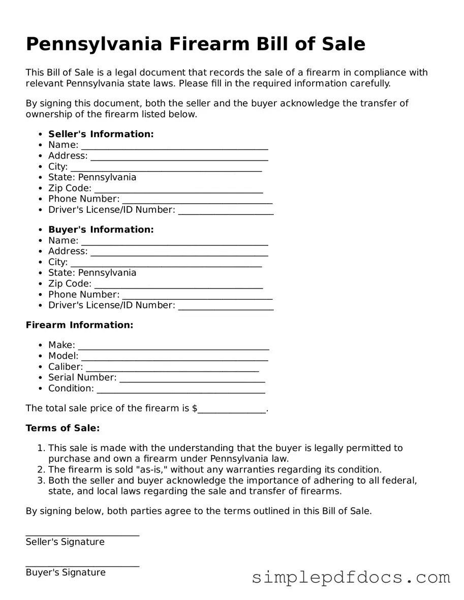 Legal Firearm Bill of Sale Document for the State of Pennsylvania