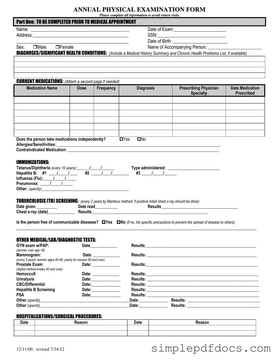 Fill Your Annual Physical Examination Form