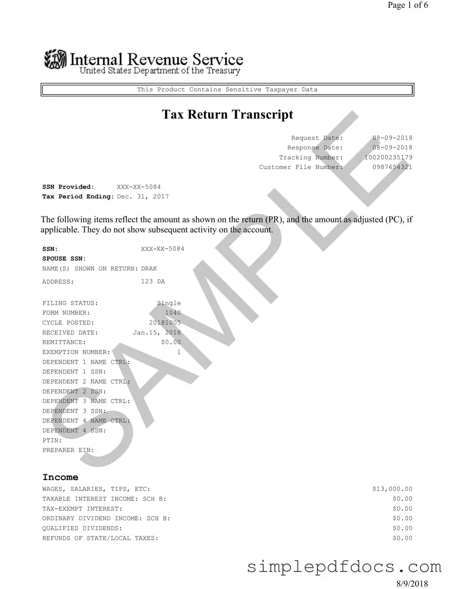 Fill Your Sample Tax Return Transcript Form