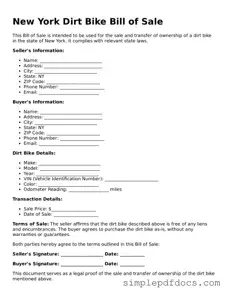 Legal Dirt Bike Bill of Sale Document for the State of New York