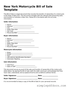Legal Motorcycle Bill of Sale Document for the State of New York