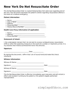 Legal Do Not Resuscitate Order Document for the State of New York