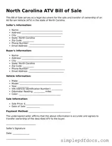 Legal ATV Bill of Sale Document for the State of North Carolina