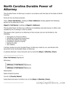 Legal Durable Power of Attorney Document for the State of North Carolina