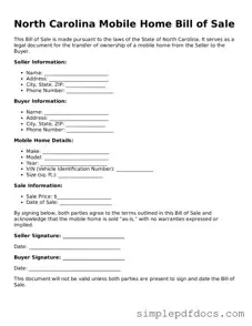 Legal Mobile Home Bill of Sale Document for the State of North Carolina