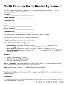 Legal Room Rental Agreement Document for the State of North Carolina