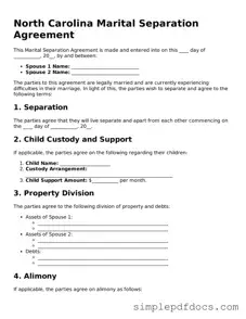 Legal Marital Separation Agreement Document for the State of North Carolina