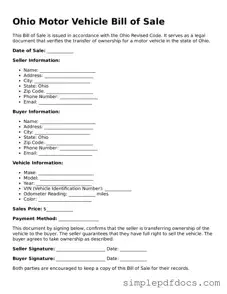 Legal Motor Vehicle Bill of Sale Document for the State of Ohio