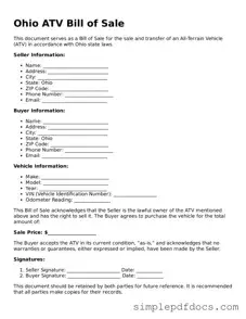 Legal ATV Bill of Sale Document for the State of Ohio
