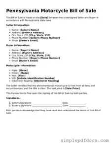 Legal Motorcycle Bill of Sale Document for the State of Pennsylvania