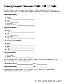 Legal Snowmobile Bill of Sale Document for the State of Pennsylvania