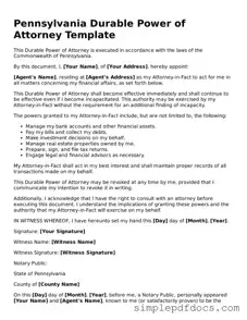Legal Durable Power of Attorney Document for the State of Pennsylvania