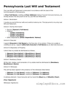 Legal Last Will and Testament Document for the State of Pennsylvania