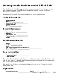 Legal Mobile Home Bill of Sale Document for the State of Pennsylvania
