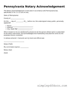 Legal Notary Acknowledgement Document for the State of Pennsylvania