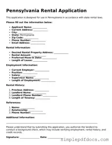 Legal Rental Application Document for the State of Pennsylvania