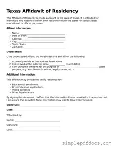 Legal Affidavit of Residency Document for the State of Texas