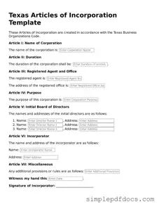 Legal Articles of Incorporation Document for the State of Texas