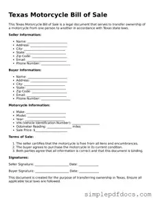 Legal Motorcycle Bill of Sale Document for the State of Texas