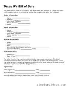 Legal RV Bill of Sale Document for the State of Texas