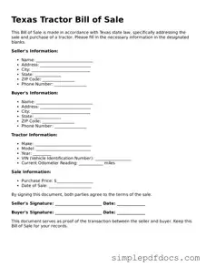 Legal Tractor Bill of Sale Document for the State of Texas