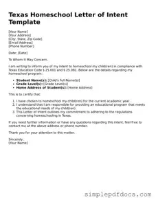 Legal Homeschool Letter of Intent Document for the State of Texas