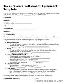 Legal Divorce Settlement Agreement Document for the State of Texas