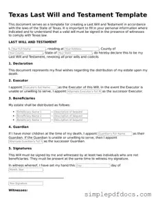 Legal Last Will and Testament Document for the State of Texas