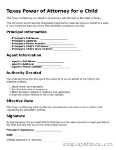 Legal Power of Attorney for a Child Document for the State of Texas