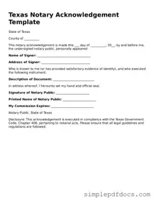 Legal Notary Acknowledgement Document for the State of Texas